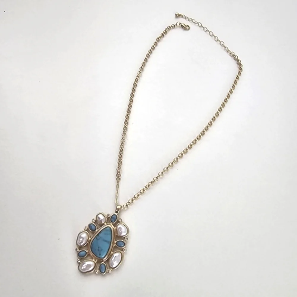 NEW Boho Turquoise Pearl Abstract Stone Embellished Pendant Necklace Set